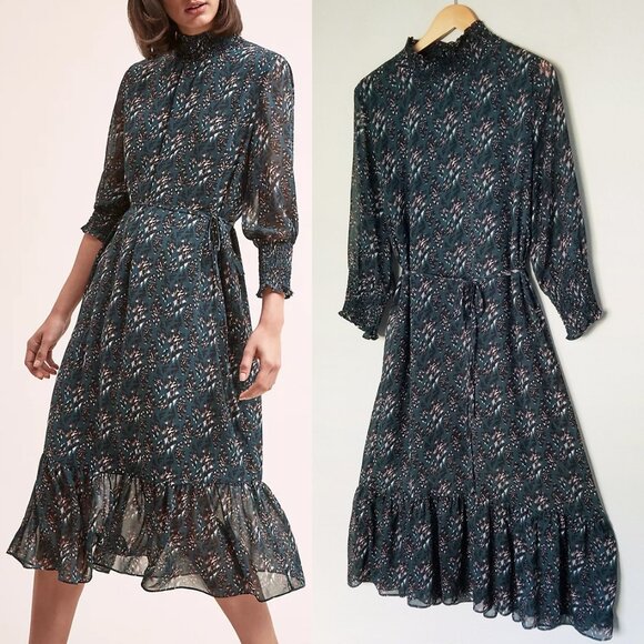Anthropologie Seen Worn Kept Davina Leopard Belted Midi Dress Hunter Green US 8 - Picture 4 of 16